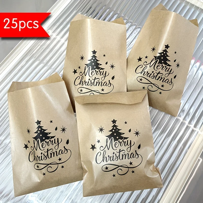 25-Pack Christmas Kraft Paper Gift Bags with Christmas Tree Design for Holiday Party Favors, Xmas Candy Cookie Packaging