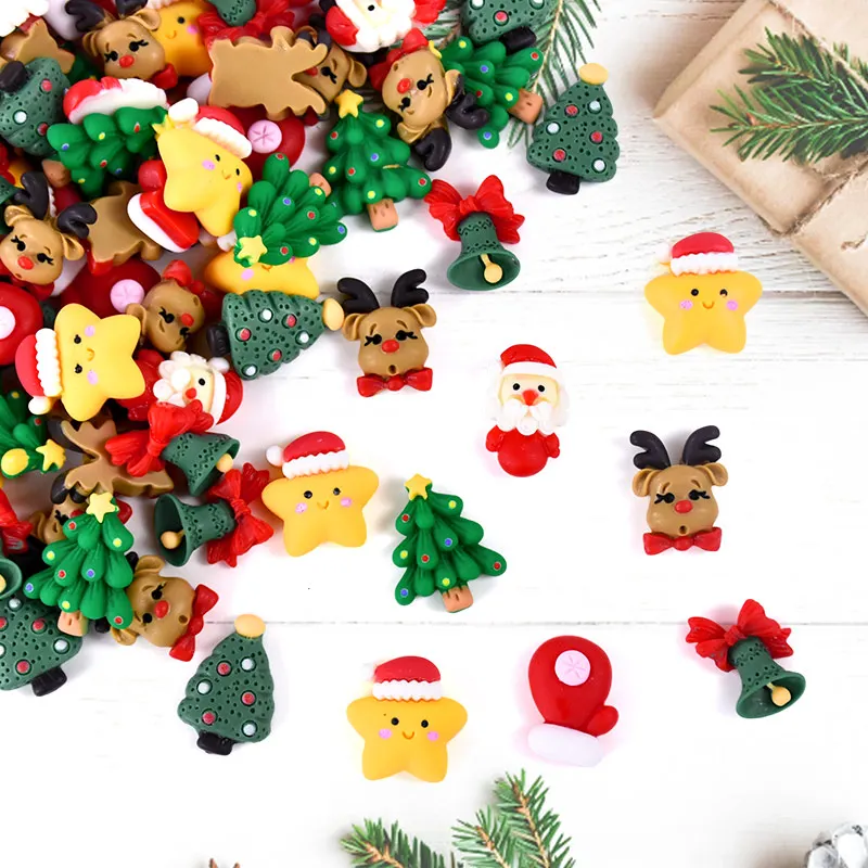 20pcs Mini Christmas Resin Figurine Crafts Cute Reindeer Xmas Tree Santa Claus Flatback Cabochon Ornaments DIY New Year Gifts