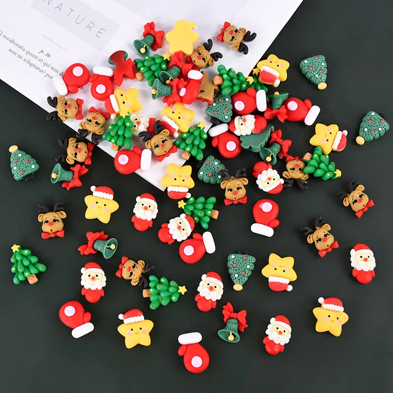 20pcs Mini Christmas Resin Figurine Crafts Cute Reindeer Xmas Tree Santa Claus Flatback Cabochon Ornaments DIY New Year Gifts