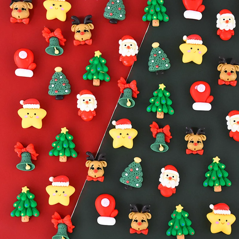 20pcs Mini Christmas Resin Figurine Crafts Cute Reindeer Xmas Tree Santa Claus Flatback Cabochon Ornaments DIY New Year Gifts