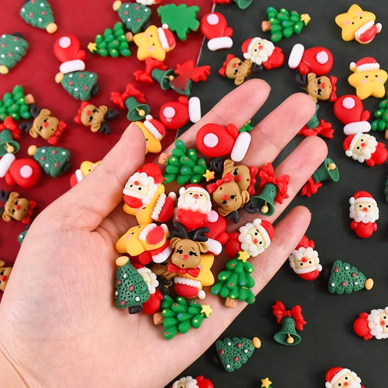 20pcs Mini Christmas Resin Figurine Crafts Cute Reindeer Xmas Tree Santa Claus Flatback Cabochon Ornaments DIY New Year Gifts