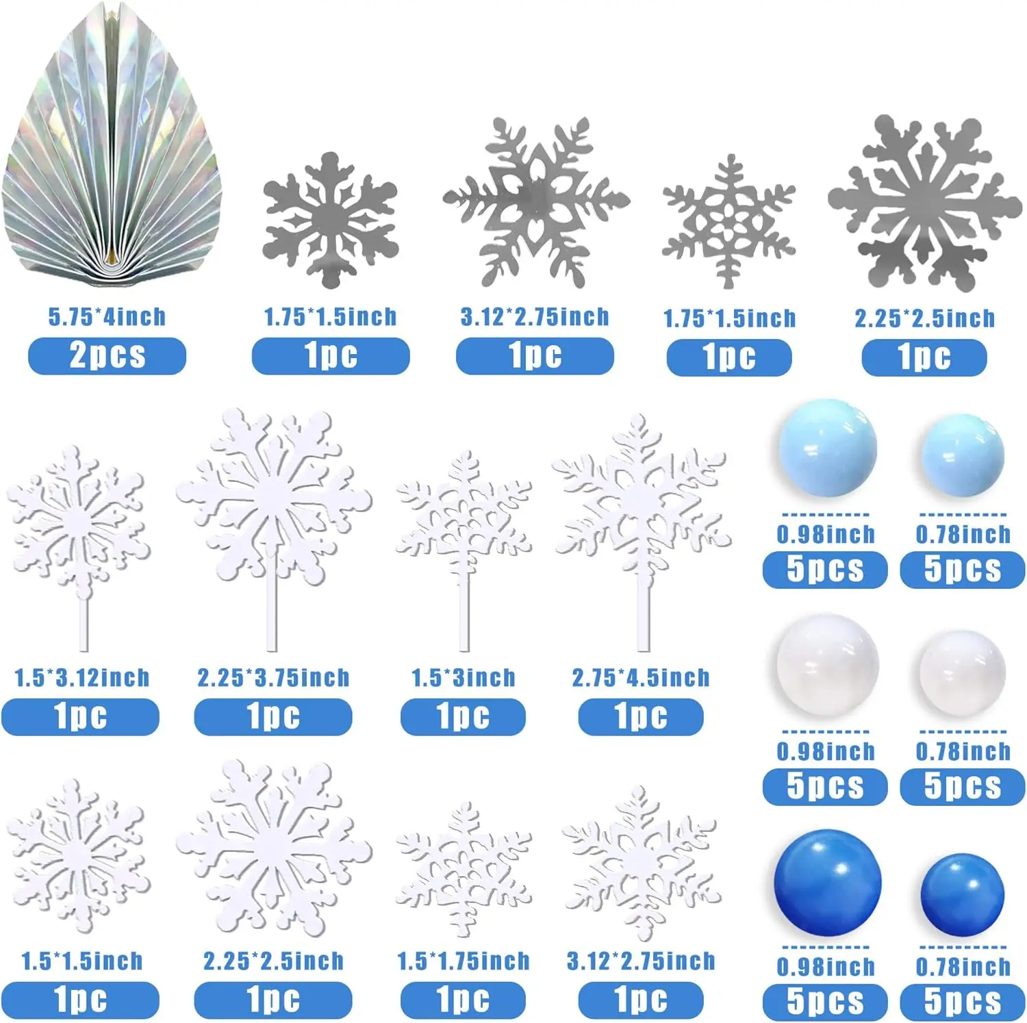 44 PCS Snowflake Cake Toppers Frozen Cake Toppers Blue Ball Cake Decoration for Wedding Christmas Winter Theme Birthday Party