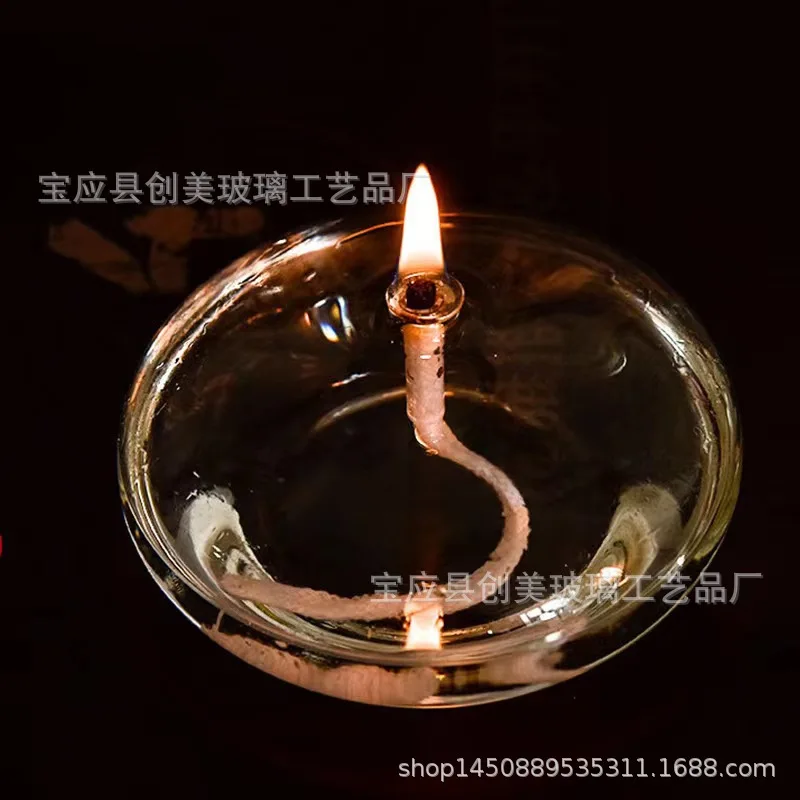 Handcrafted Flat Transparent Glass Candle Holder Oil Lamp,With a light core,Can be used as table candles,Christmas home decor at