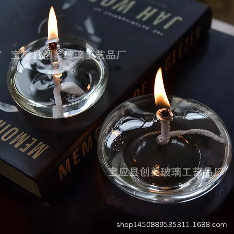 Handcrafted Flat Transparent Glass Candle Holder Oil Lamp,With a light core,Can be used as table candles,Christmas home decor at