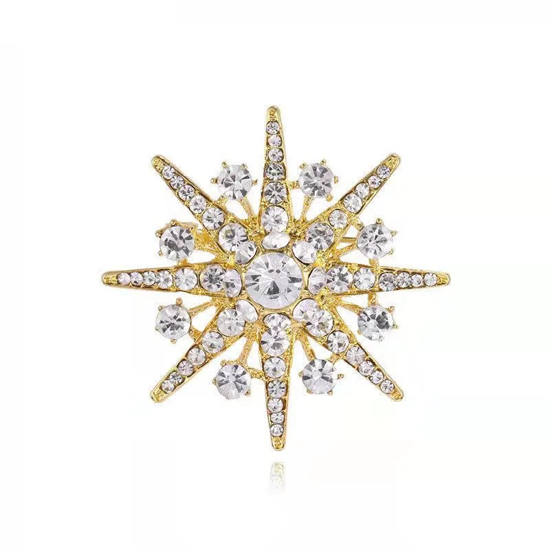 luxury Rhinestone Snowflake Brooches Women Eight Pointed Star Corsage Clothing Accessories Suit Pins Christmas Jewelry Lady Gift