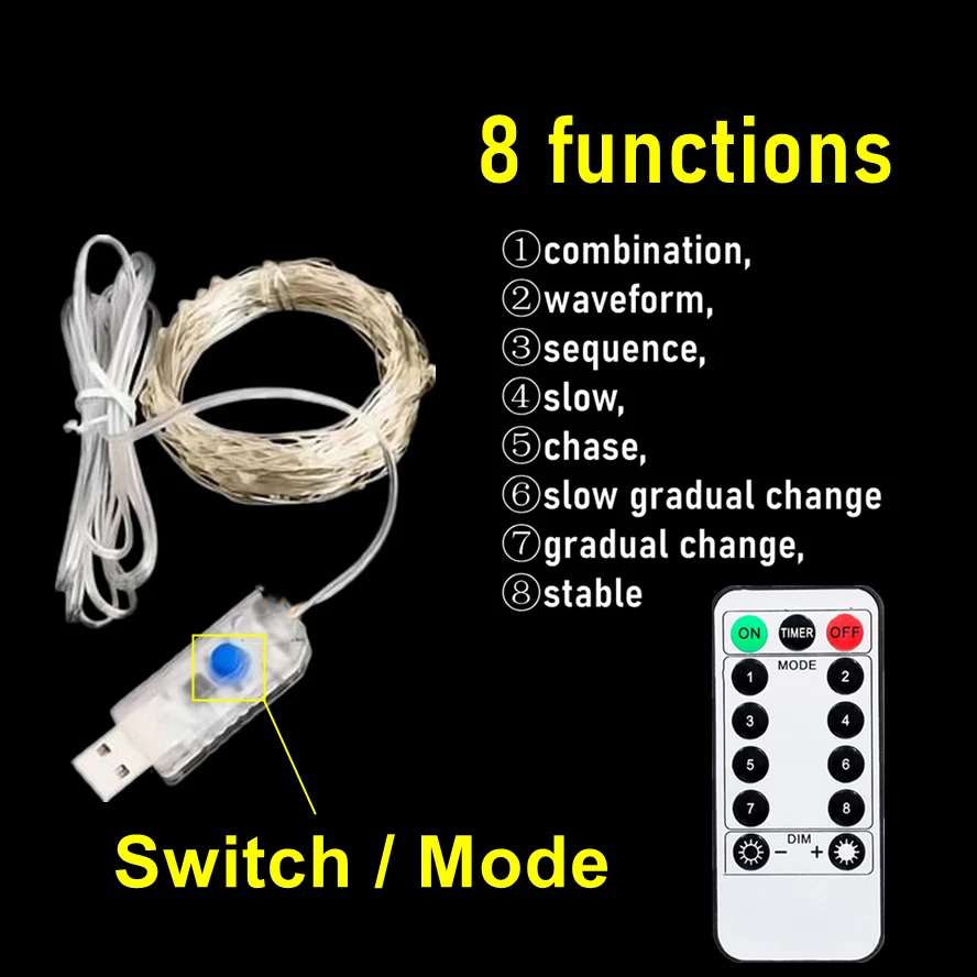 20m/10m 8 Function Remote Control LED Fairy Lights USB String Lights Christmas Garland New Year Wedding Party Garden Decoration