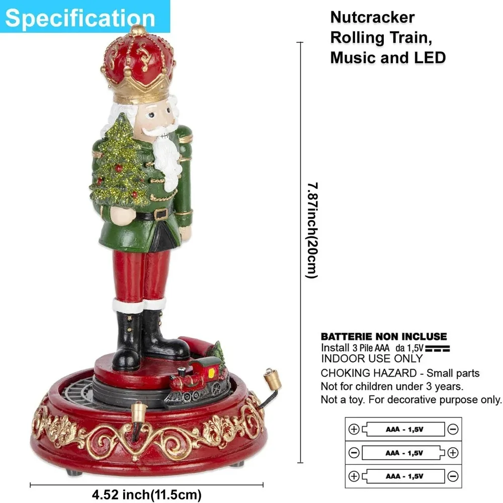 Christmas Nutcracker Figurine with LED Lights & Rotating Train, Music Box Village Decoration, Collectible Xmas Table Ornament