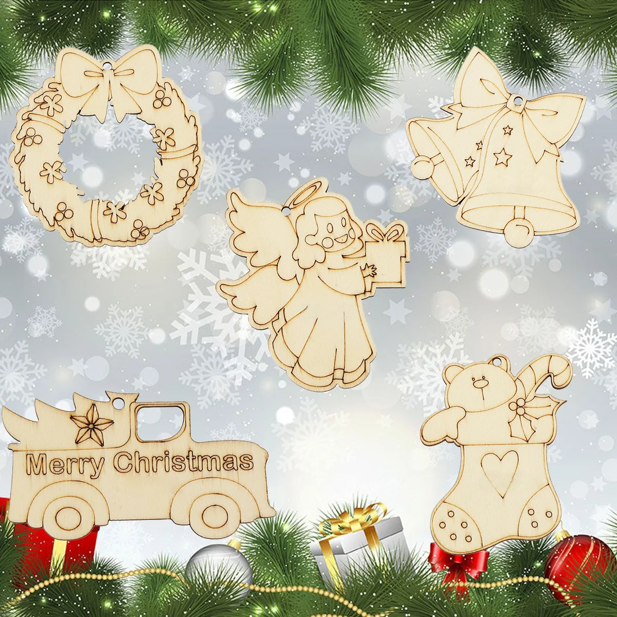 10Pcs Christmas Wooden DIY Painting Ornaments Angel Deer Wreath Pendant for Xmas Tree Hanging Decorations Kids Gifts Supplies