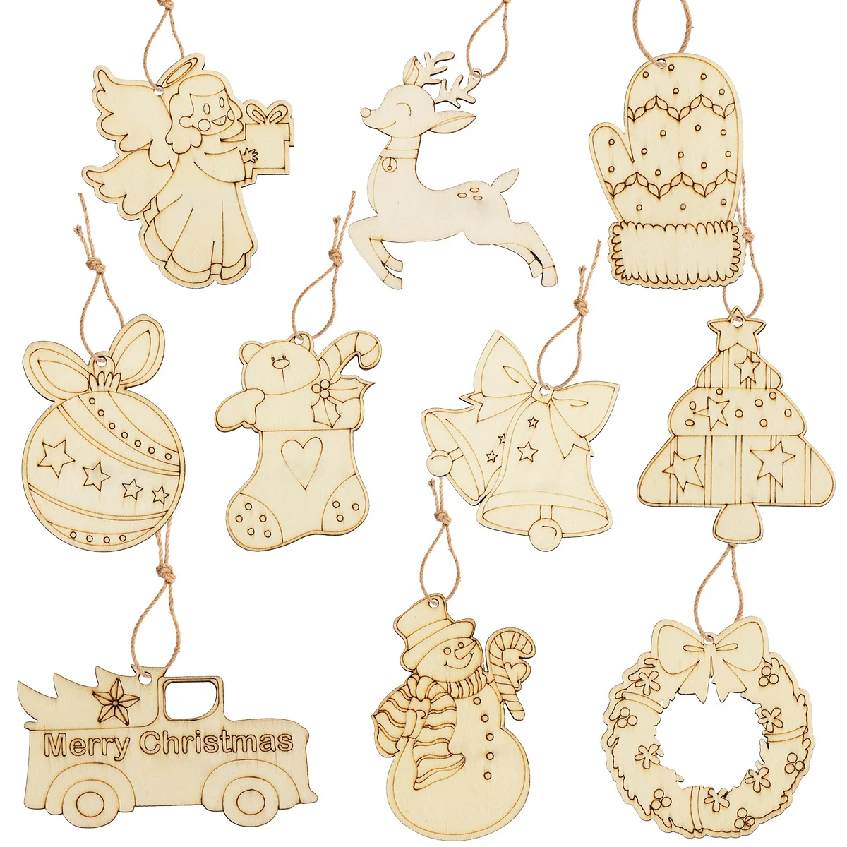 10Pcs Christmas Wooden DIY Painting Ornaments Angel Deer Wreath Pendant for Xmas Tree Hanging Decorations Kids Gifts Supplies