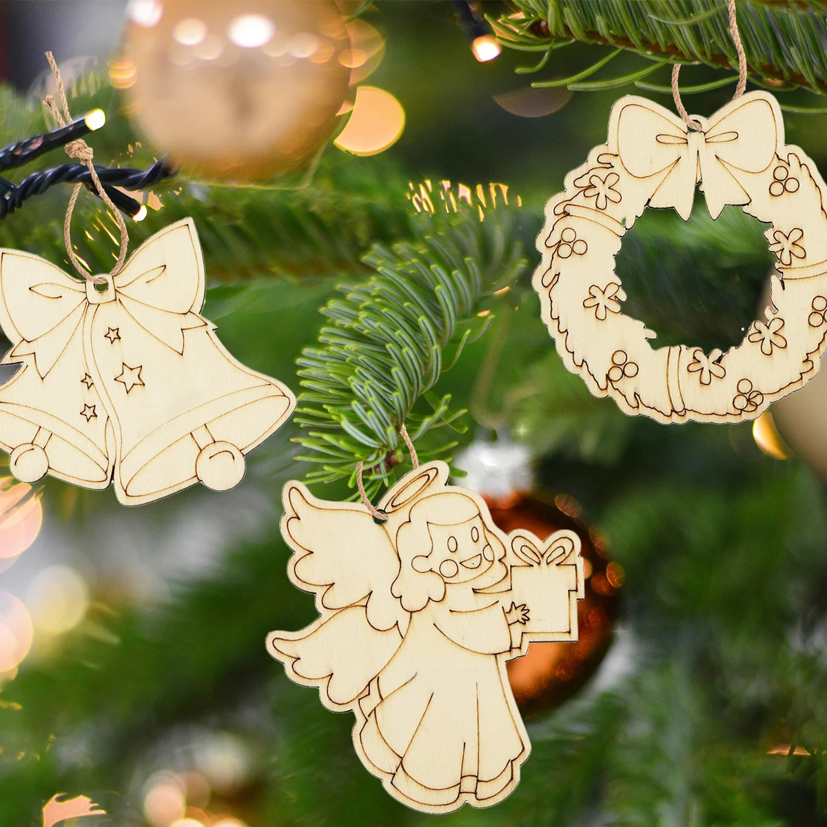 10Pcs Christmas Wooden DIY Painting Ornaments Angel Deer Wreath Pendant for Xmas Tree Hanging Decorations Kids Gifts Supplies