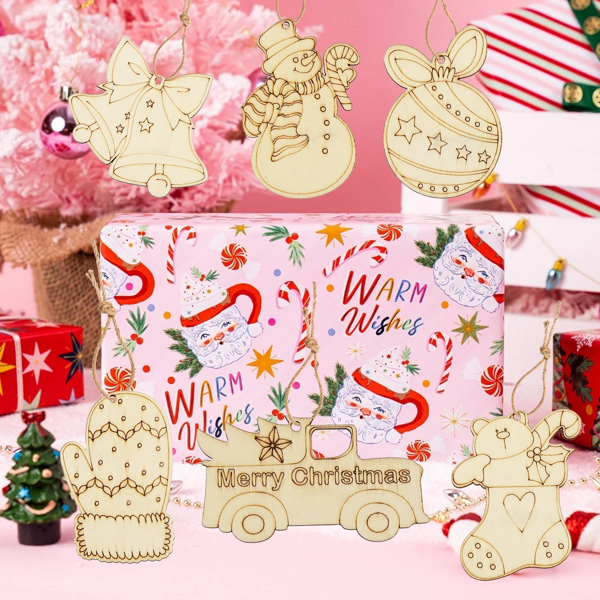 10Pcs Christmas Wooden DIY Painting Ornaments Angel Deer Wreath Pendant for Xmas Tree Hanging Decorations Kids Gifts Supplies