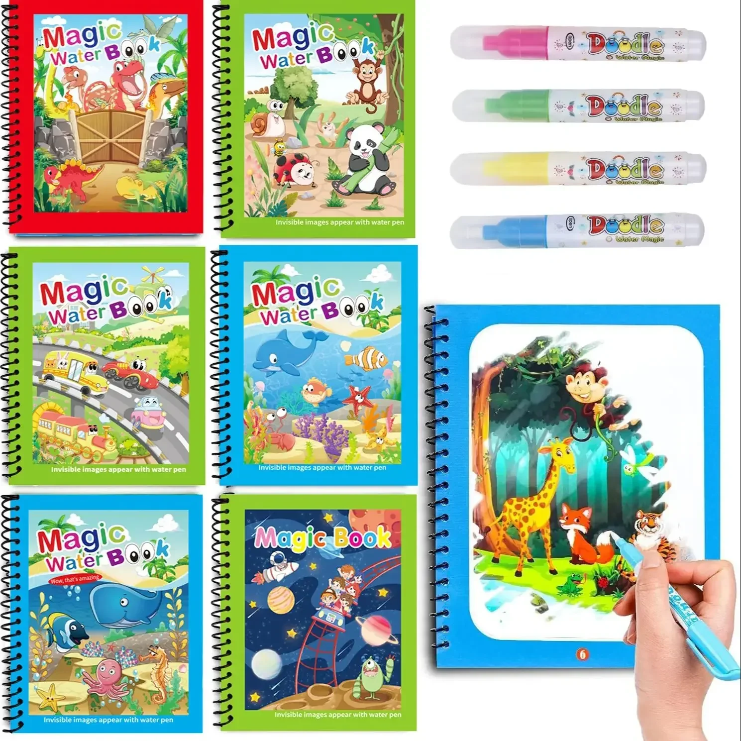 NEW Children Animal Cartoon Painting Book Magic Water Book with Water Pen for Kids Birthday Christmas New Year Gift for Kids