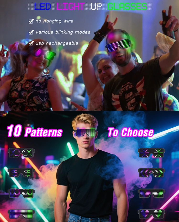LED Glasses Light Up Dynamic Party Favor Glasses Festival Christmas USB Rechargeable LED Rave Glowing Flashing Glasses