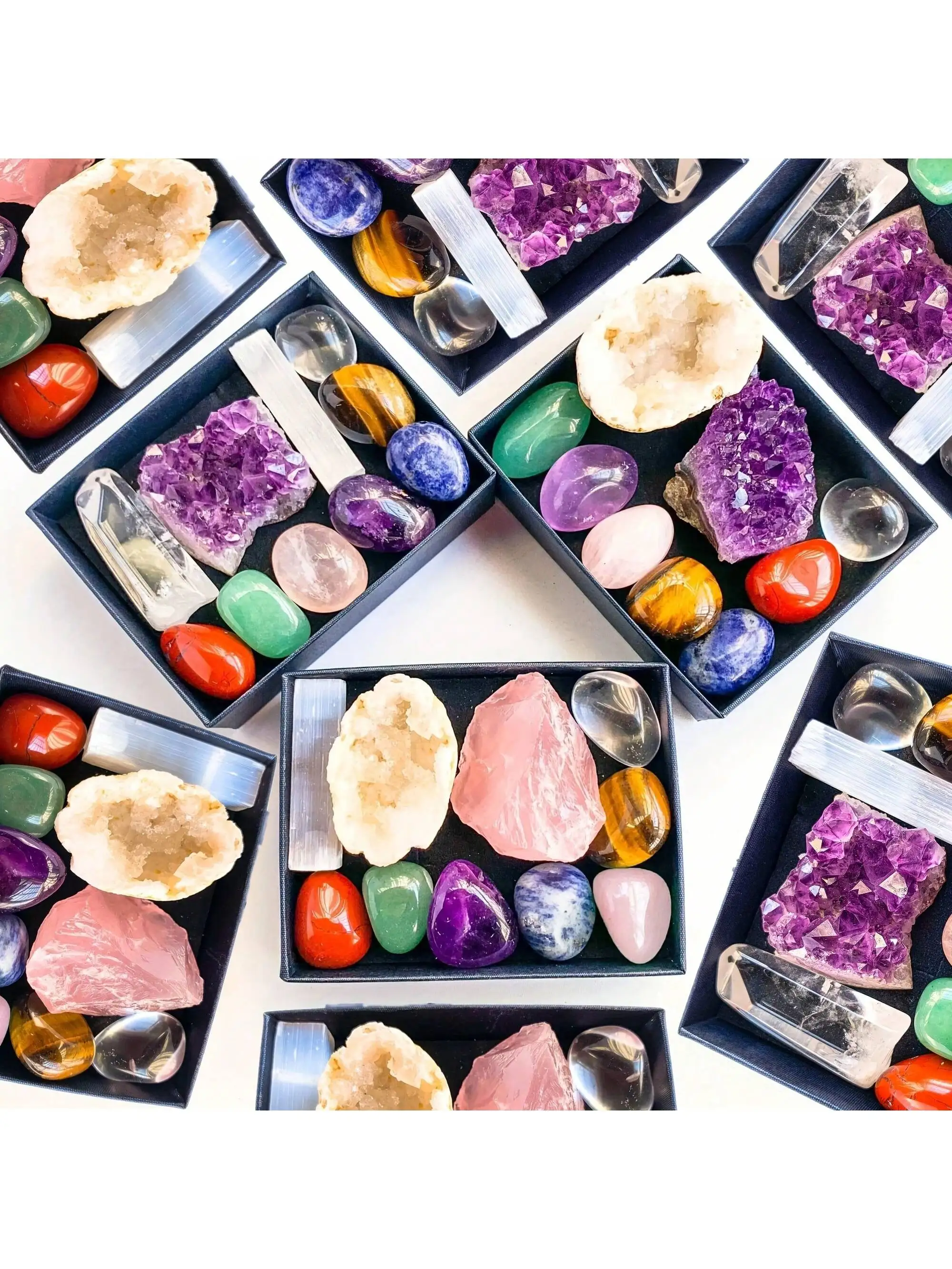 1box Natural Crystal Chakra Set - Amethyst Cluster Agate Cave Selenite Gift Set - Crystal Furniture Decoration Christmas Thanksg