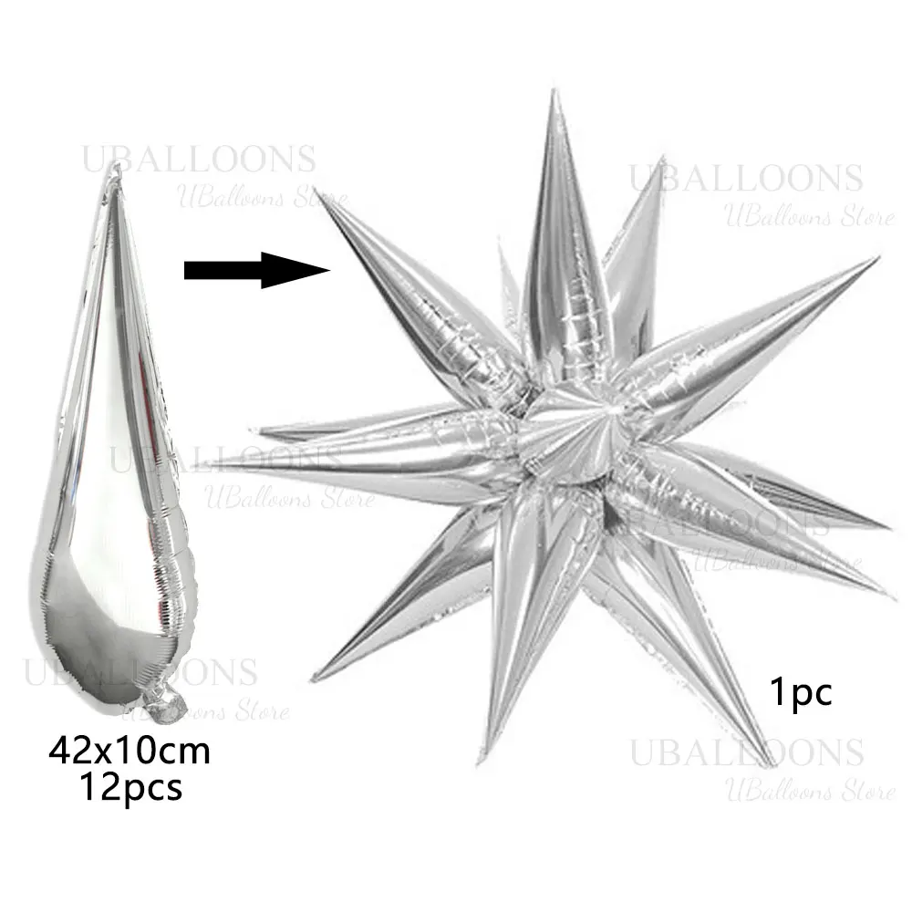 12 Point Metal Starburst Balloons Metallic Silver Gold Explosion Star Foil Balloons for Birthday Wedding Christmas Party Decor