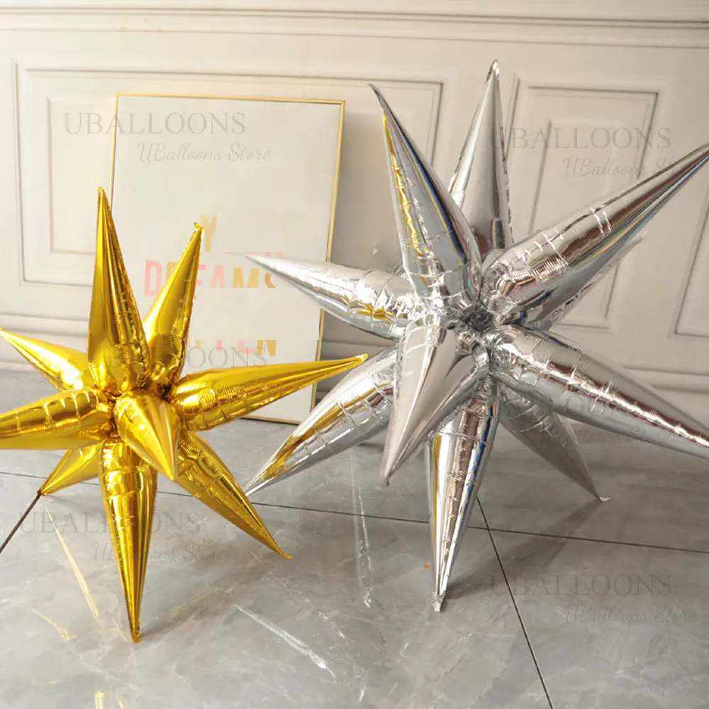 12 Point Metal Starburst Balloons Metallic Silver Gold Explosion Star Foil Balloons for Birthday Wedding Christmas Party Decor