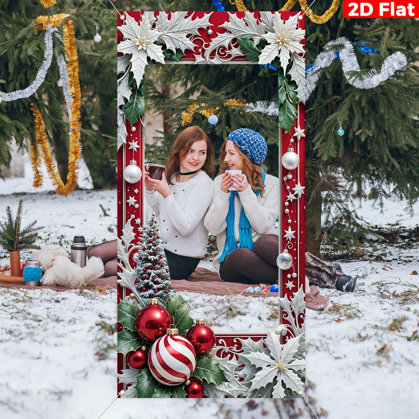 2D Flat Christmas Themed Cutout Photo Booth Backdrop Polyester Fiber with Festive Snowflake Christmas Party Decoration