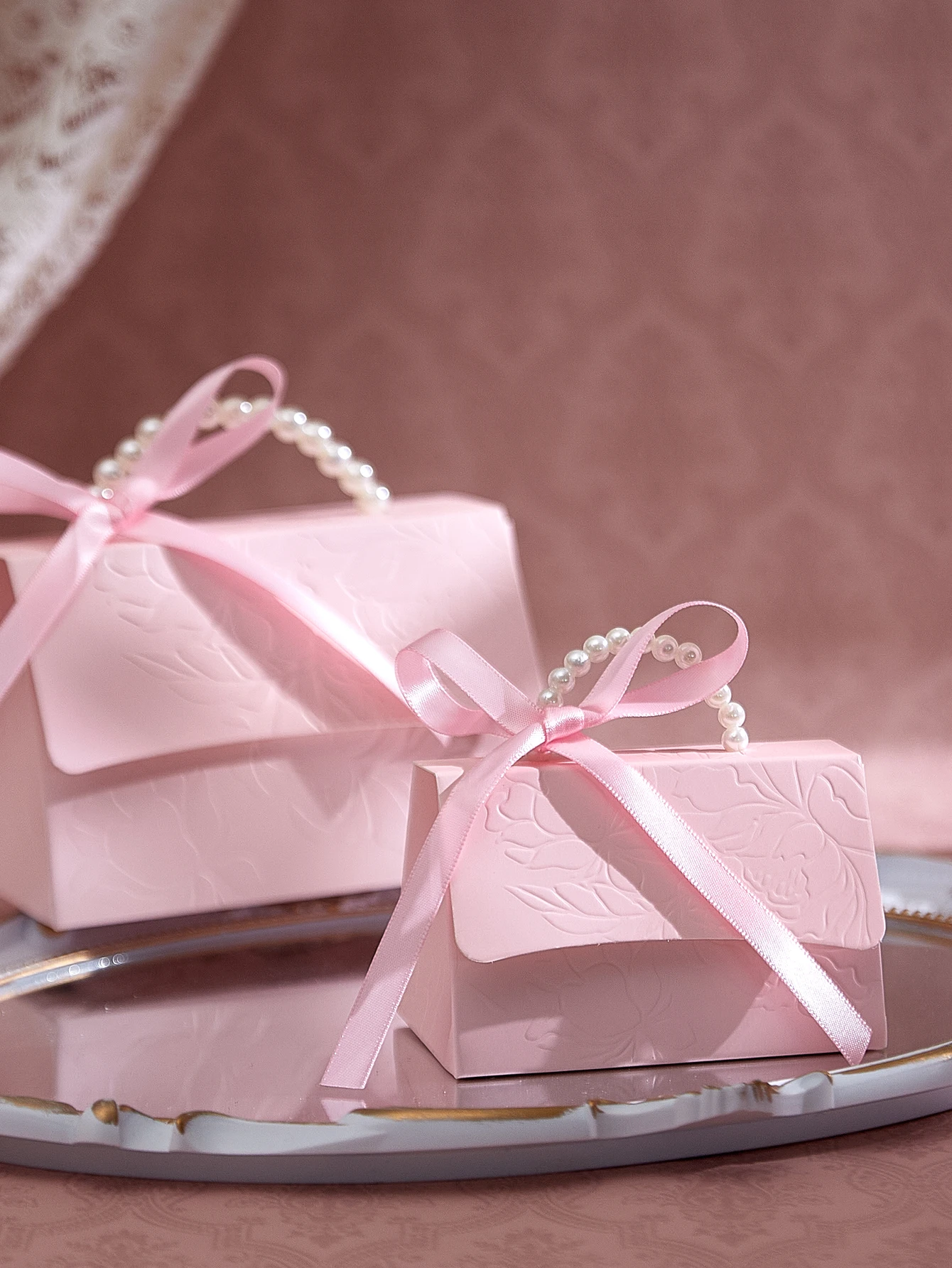10-Pack of Stylish Embossed Gift Boxes, Available in Various Colors, with Satin Ribbon and Faux Pearl Handles, Embossed Floral Candy Boxes, Suitable for Various Occasions Mother's Day, Father's Day, Graduation Season, Wedding, Halloween, Christmas, Birthday Mini Packaging Bags