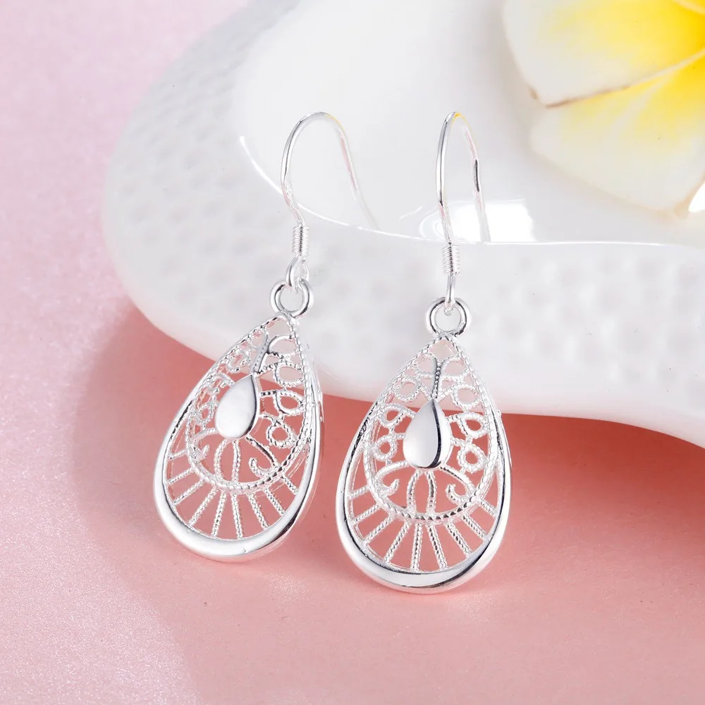 Hot Selling 925 Sterling Silver Vintage Earrings High Quality Fashion Jewelry Christmas Gift Carved Water Drops