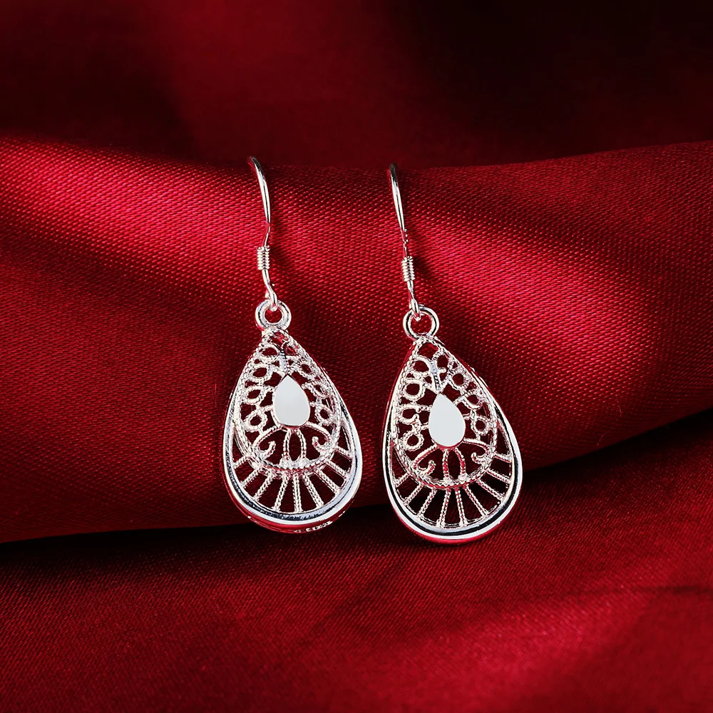 Hot Selling 925 Sterling Silver Vintage Earrings High Quality Fashion Jewelry Christmas Gift Carved Water Drops