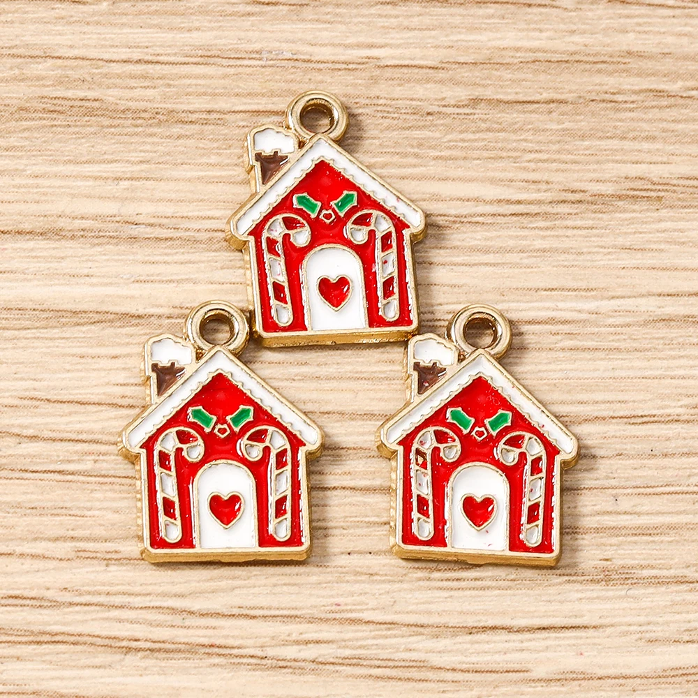 Tusember 10pcs Enamel Christmas Gingerbread House Charms for Christmas Necklaces Earrings Bracelets Pendant Craft