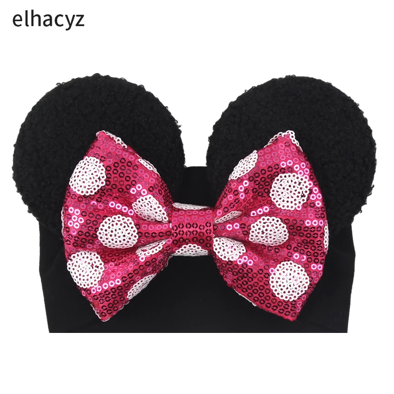 NEW Mouse Ears Baby Headbands For Girls Princess Cosplay Sequin 5"Bow Headwrap Baby Turban Christmas Party DIY Hair Accessory