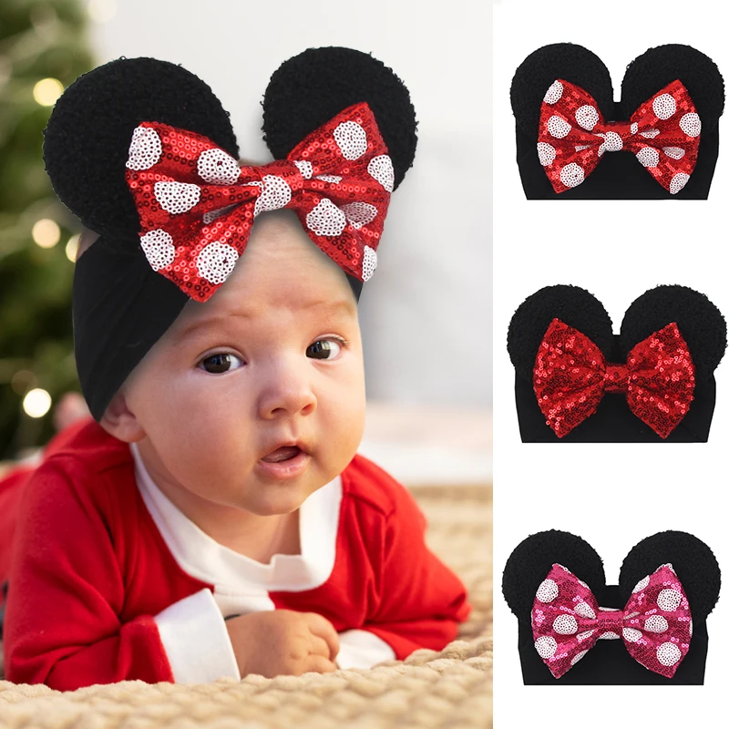 NEW Mouse Ears Baby Headbands For Girls Princess Cosplay Sequin 5"Bow Headwrap Baby Turban Christmas Party DIY Hair Accessory