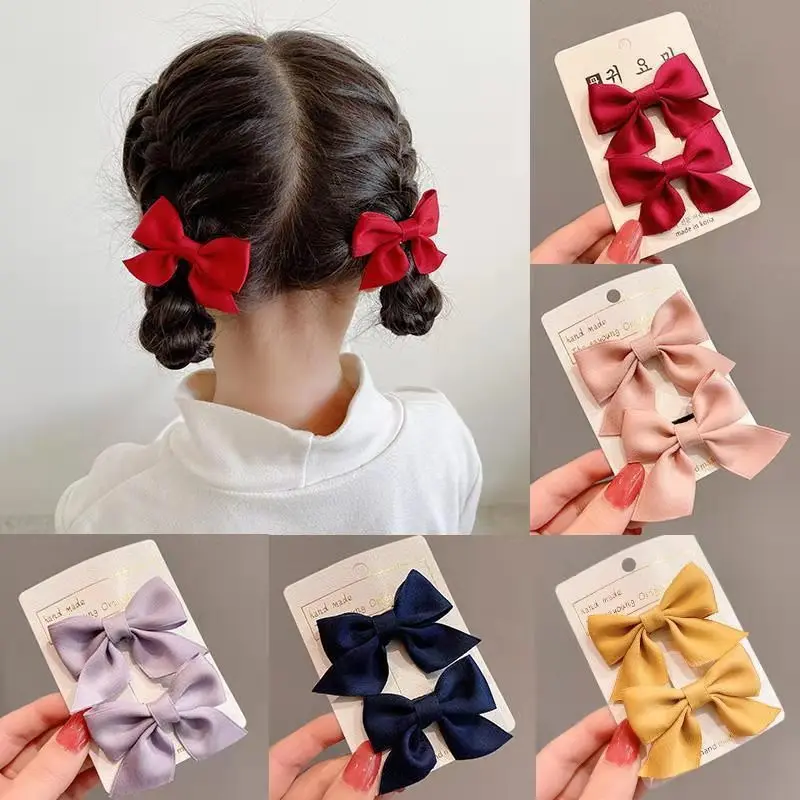 2Pcs/Set Kids Red Bows Hair Clips for Baby Girls Handmade Ribbon Bowknots Hairpins Barrettes New Year Christmas Hair Accessories