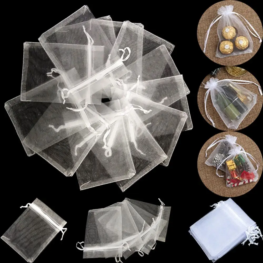 25PCS Drawable Party Supply Christmas Favor Jewelry Packing White Pouches Drawstring Pocket Organza Gauze Sachet Gift Bags