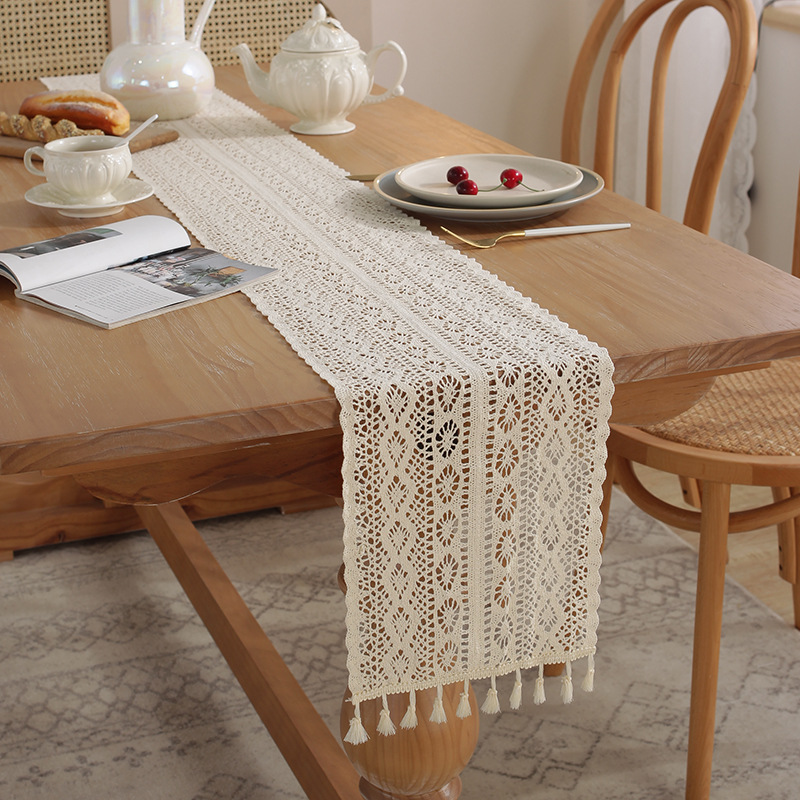 Vintage Beige Table Runner Christmas Crochet Lace Cotton Blended Fabric with Tassel For Coffee Table Decor Wedding Decoration