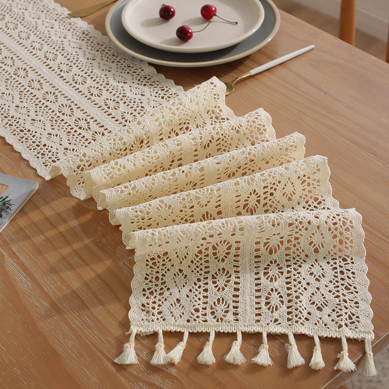 Vintage Beige Table Runner Christmas Crochet Lace Cotton Blended Fabric with Tassel For Coffee Table Decor Wedding Decoration