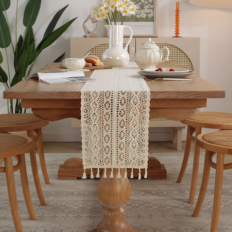 Vintage Beige Table Runner Christmas Crochet Lace Cotton Blended Fabric with Tassel For Coffee Table Decor Wedding Decoration