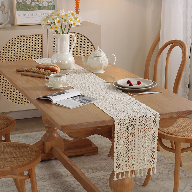 Vintage Beige Table Runner Christmas Crochet Lace Cotton Blended Fabric with Tassel For Coffee Table Decor Wedding Decoration