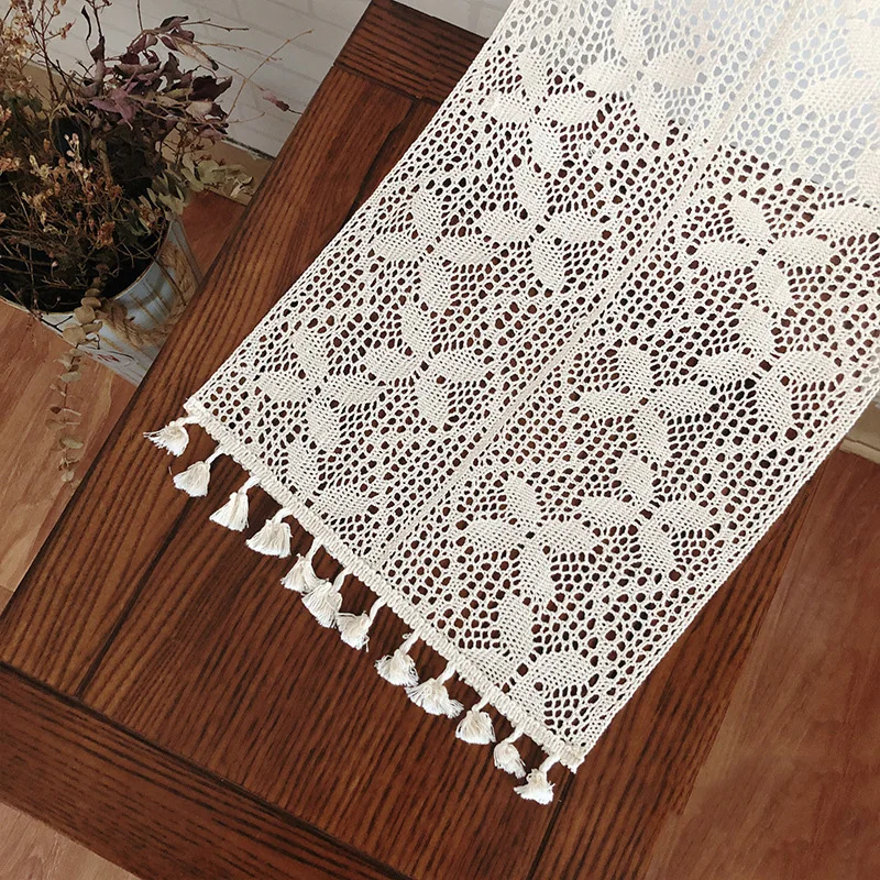 Vintage Beige Table Runner Christmas Crochet Lace Cotton Blended Fabric with Tassel For Coffee Table Decor Wedding Decoration