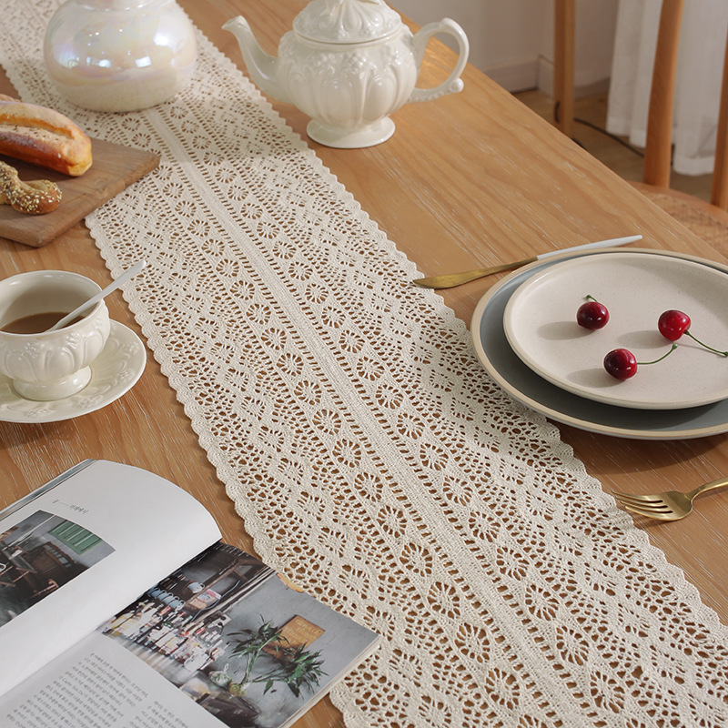 Vintage Beige Table Runner Christmas Crochet Lace Cotton Blended Fabric with Tassel For Coffee Table Decor Wedding Decoration