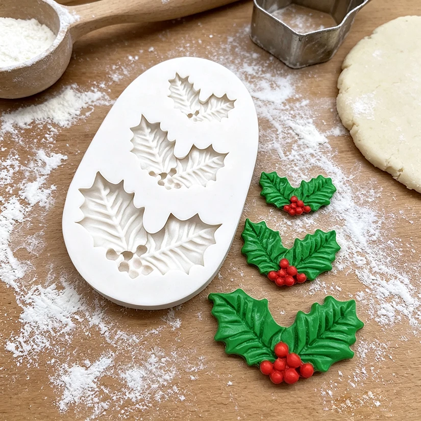 Holly Berry Christmas Silicone Cake Baking Mold Sugarcraft Chocolate Cupcake Mould Fondant Decorating Tools