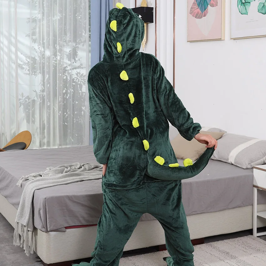 Kigurumi Green Dinosaur Cartoon Pajamas Onesies Women Men Animal Pyjamas Jumpsuits Christmas Halloween Cosplay Party Costumes
