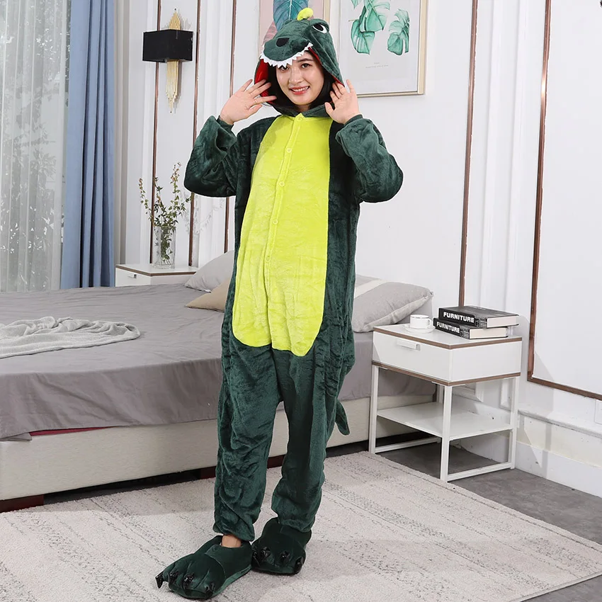 Kigurumi Green Dinosaur Cartoon Pajamas Onesies Women Men Animal Pyjamas Jumpsuits Christmas Halloween Cosplay Party Costumes