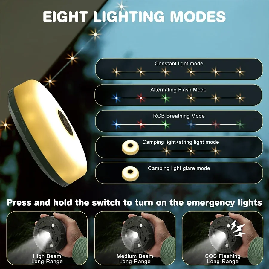 10m LED Reel String Lights Outdoor USB Rechargeable Camping Lamp Solar Fairy Christmas Lights Garden Room Decorative Tent Light