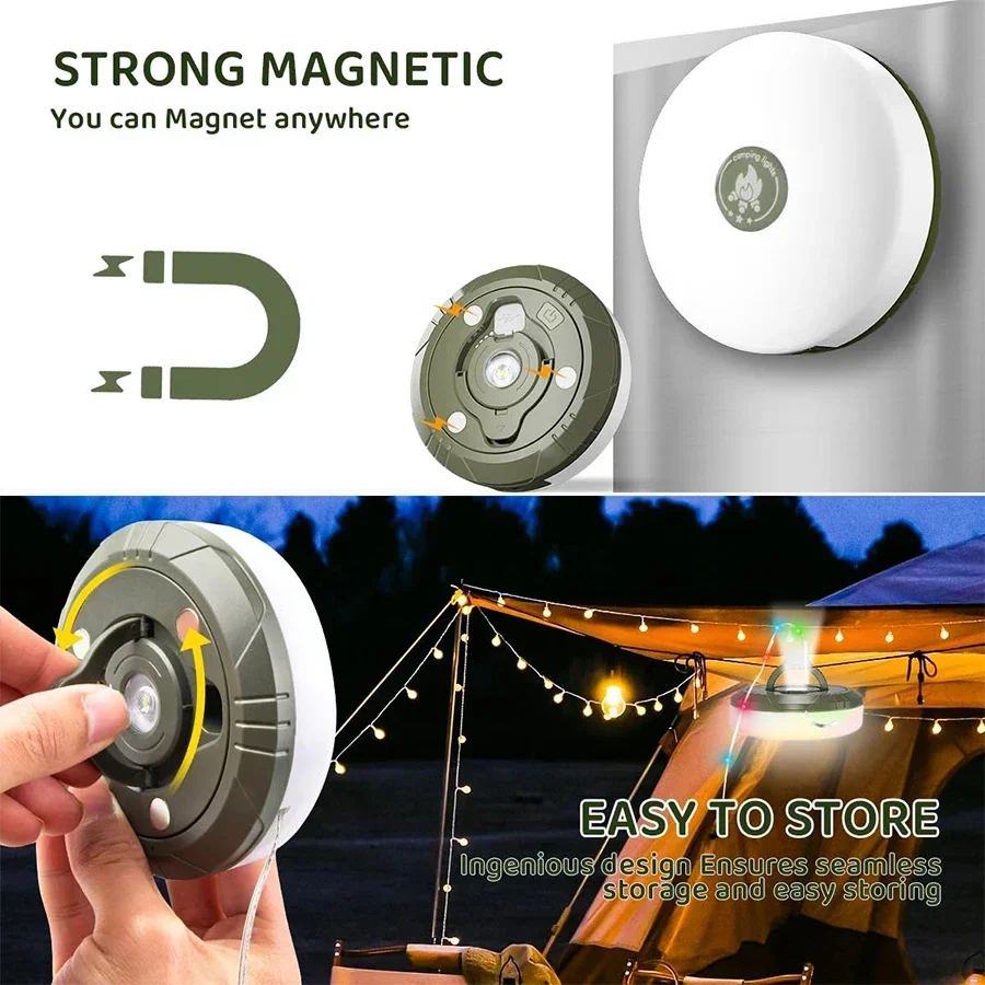 10m LED Reel String Lights Outdoor USB Rechargeable Camping Lamp Solar Fairy Christmas Lights Garden Room Decorative Tent Light