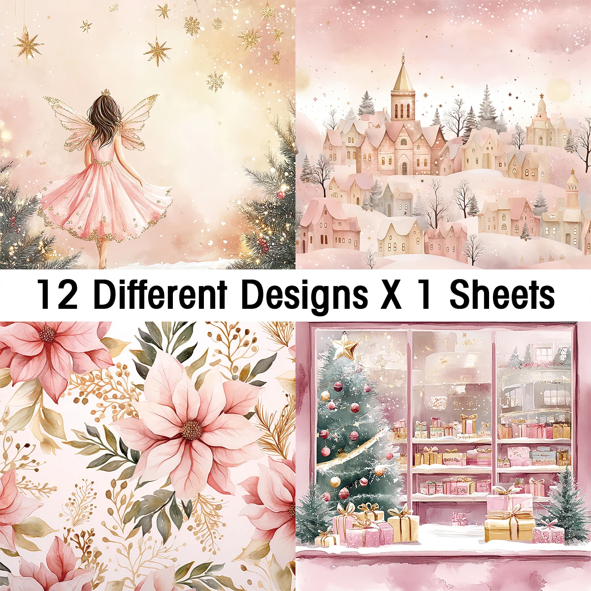 Pink Christmas Scrapbook Paper Pad,12sheets Decorative Craft Papers,Hand Account Material For Junk Journal Background Art Album
