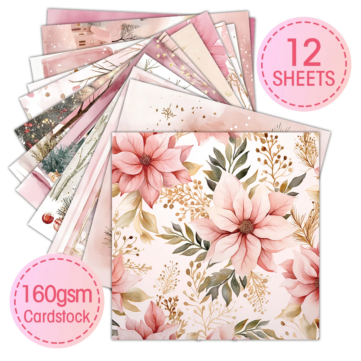 Pink Christmas Scrapbook Paper Pad,12sheets Decorative Craft Papers,Hand Account Material For Junk Journal Background Art Album