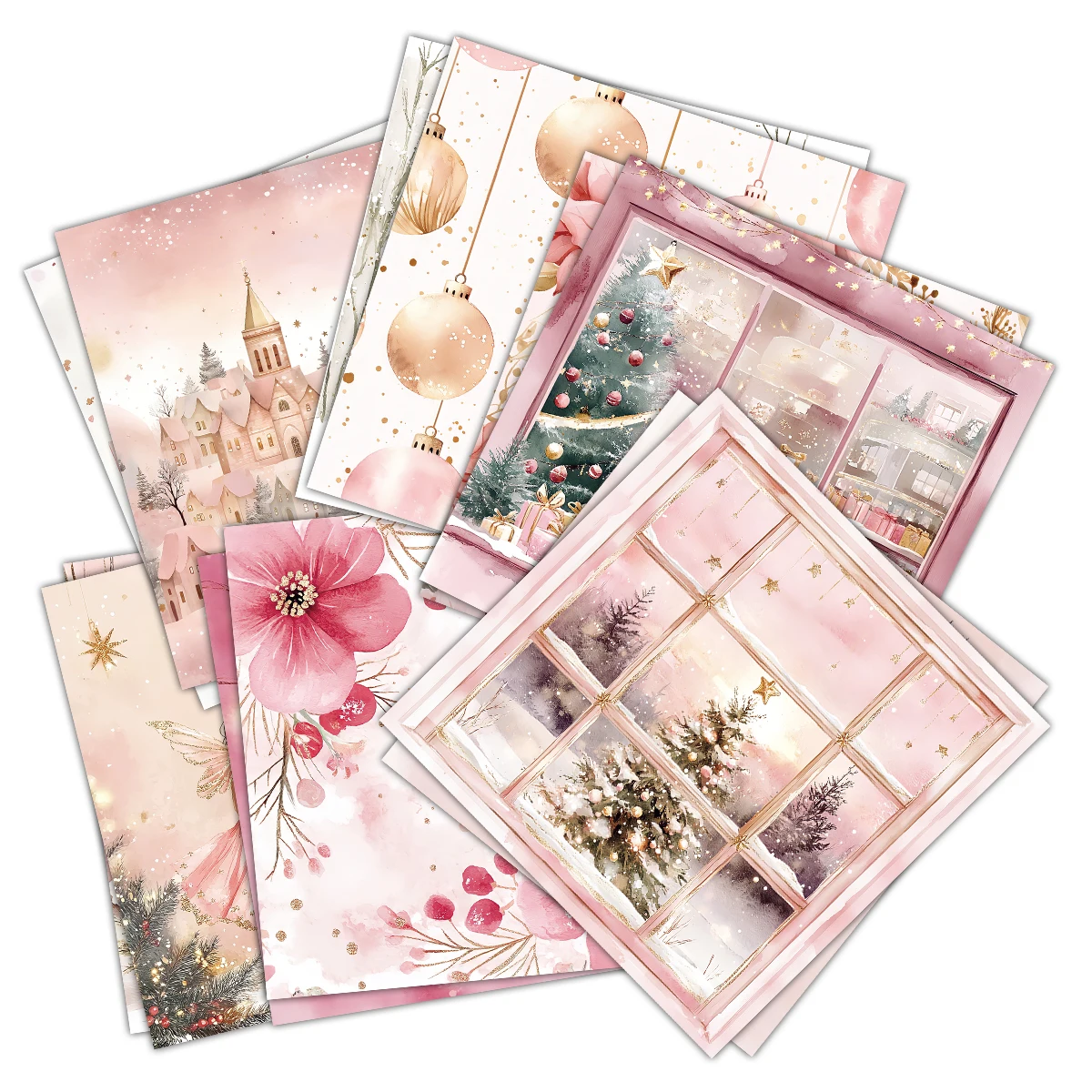 Pink Christmas Scrapbook Paper Pad,12sheets Decorative Craft Papers,Hand Account Material For Junk Journal Background Art Album