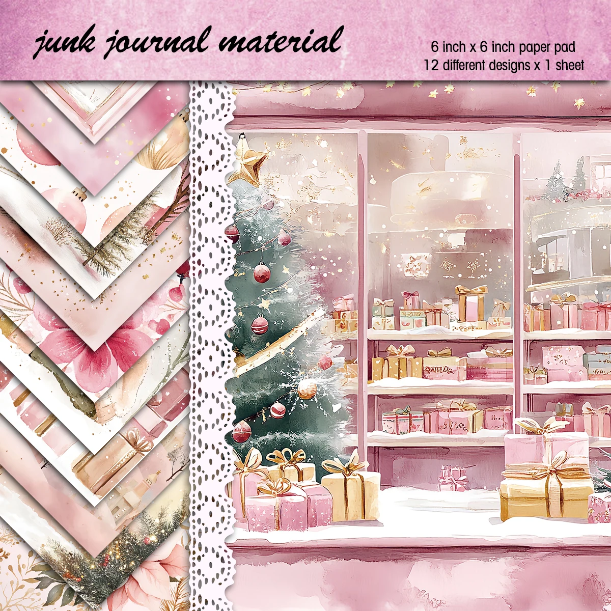 Pink Christmas Scrapbook Paper Pad,12sheets Decorative Craft Papers,Hand Account Material For Junk Journal Background Art Album