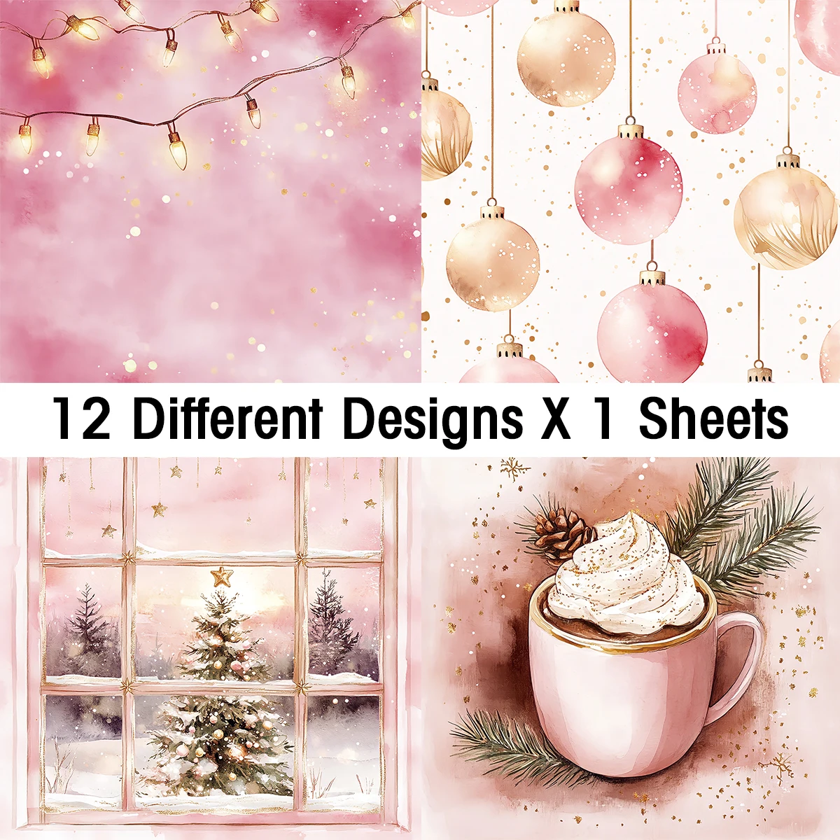Pink Christmas Scrapbook Paper Pad,12sheets Decorative Craft Papers,Hand Account Material For Junk Journal Background Art Album