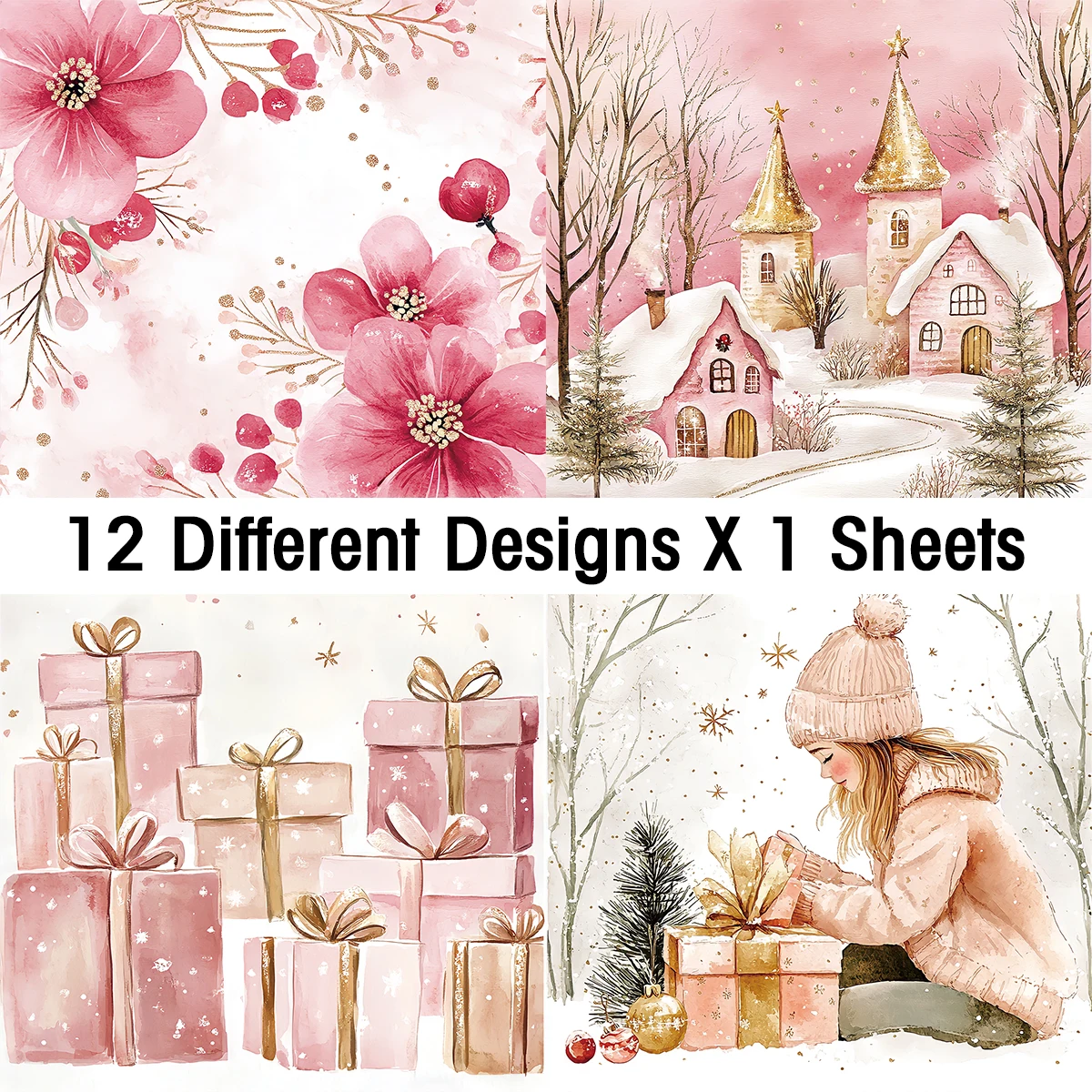 Pink Christmas Scrapbook Paper Pad,12sheets Decorative Craft Papers,Hand Account Material For Junk Journal Background Art Album