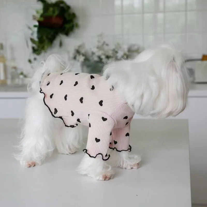 Autumn Winter Pet Undercoat Dog Clothes Cute Heart Print Waffle Home Vest Dog Cat Yorkshire Schnauzer Maltese New Year Christmas