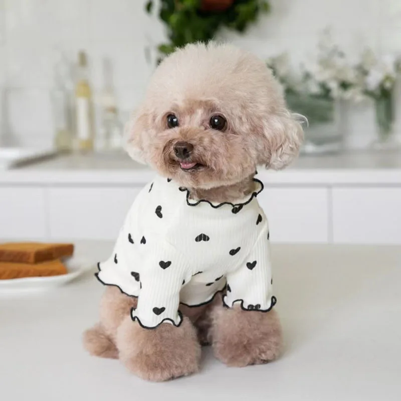 Autumn Winter Pet Undercoat Dog Clothes Cute Heart Print Waffle Home Vest Dog Cat Yorkshire Schnauzer Maltese New Year Christmas