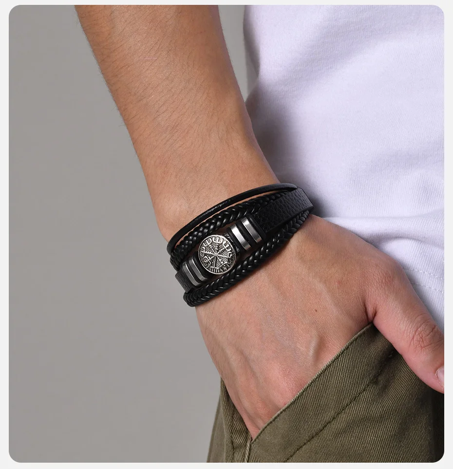 Vnox Norse Viking Bracelets for Men Boys, Black Mens Leather Bracelet Bangle Birthday Christmas Gifts to Father Dad Husband BFF