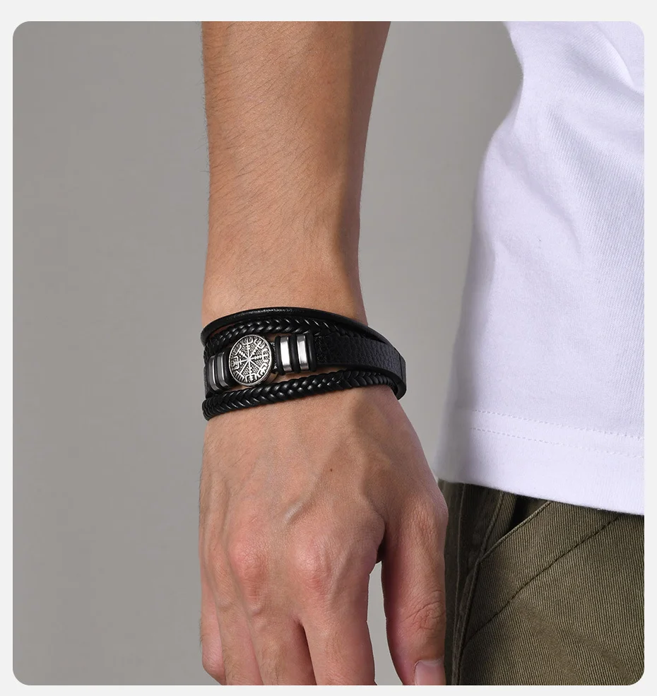 Vnox Norse Viking Bracelets for Men Boys, Black Mens Leather Bracelet Bangle Birthday Christmas Gifts to Father Dad Husband BFF